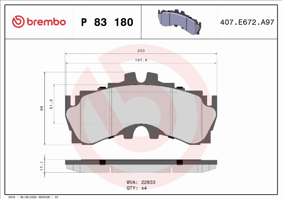 Brembo P 83 180 — Zestaw klocków hamulcowych, hamulce tarczowe