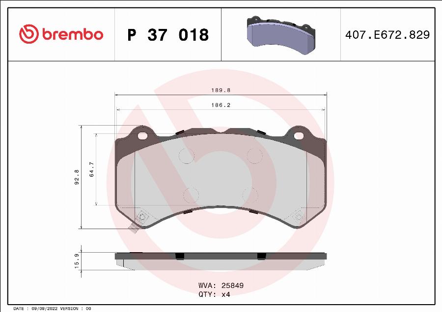 Brembo P 37 018 — Zestaw klocków hamulcowych, hamulce tarczowe