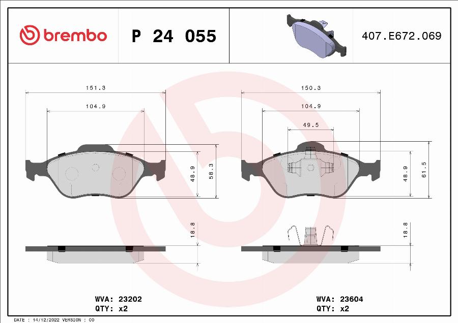 Brembo P 24 055 — Zestaw klocków hamulcowych, hamulce tarczowe