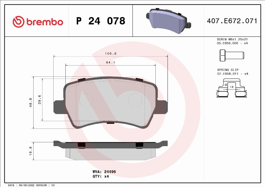 Brembo P 24 078 — Zestaw klocków hamulcowych, hamulce tarczowe