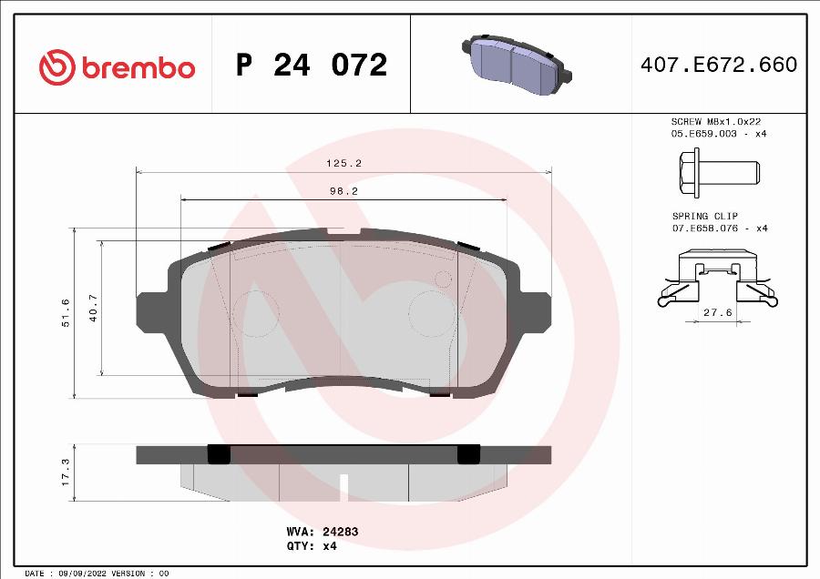 Brembo P 24 072 — Zestaw klocków hamulcowych, hamulce tarczowe