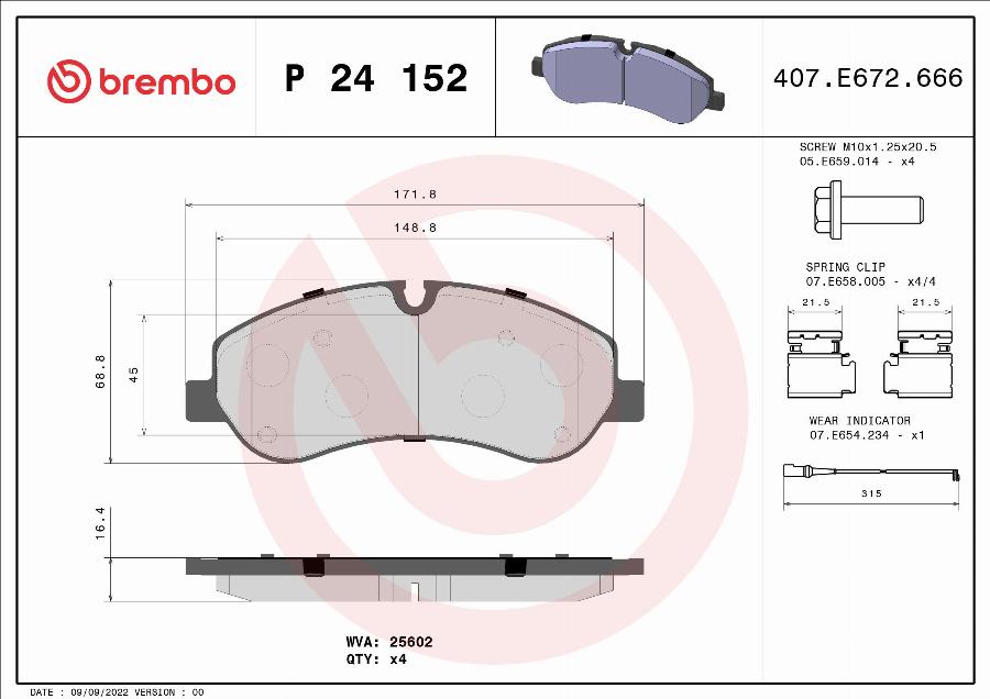Brembo P 24 152 — Zestaw klocków hamulcowych, hamulce tarczowe