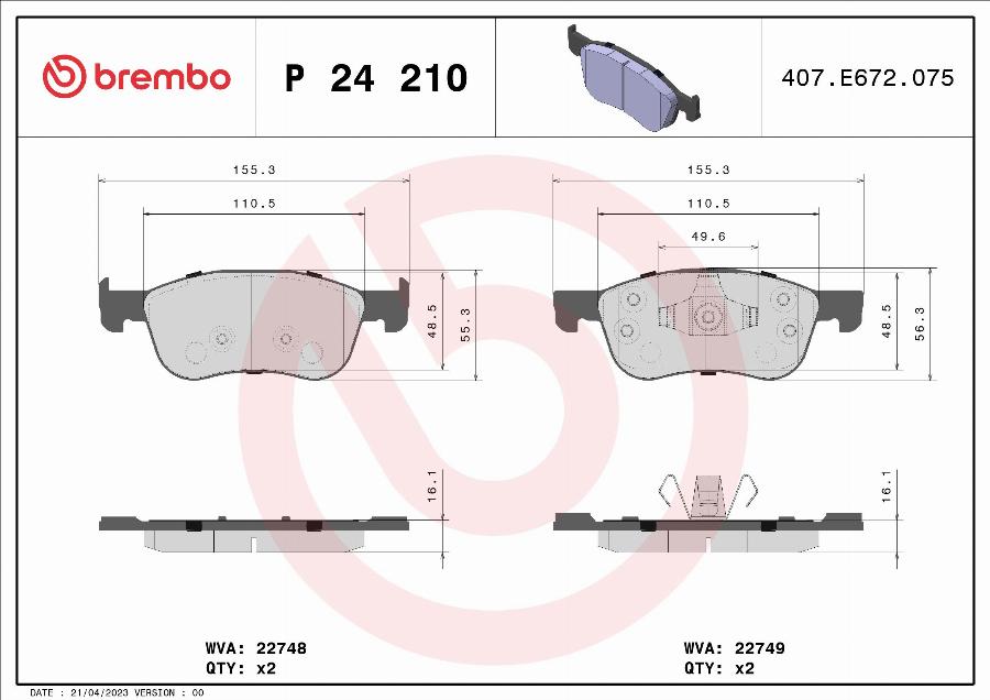 Brembo P 24 210 — Zestaw klocków hamulcowych, hamulce tarczowe