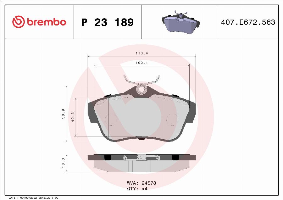Brembo P 23 189 — Zestaw klocków hamulcowych, hamulce tarczowe