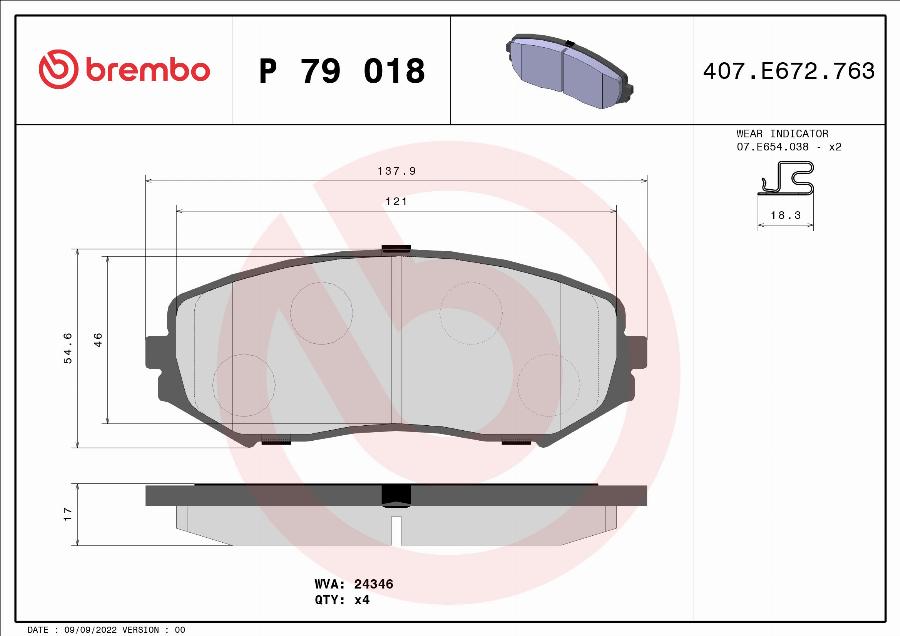 Brembo P 79 018 — Zestaw klocków hamulcowych, hamulce tarczowe