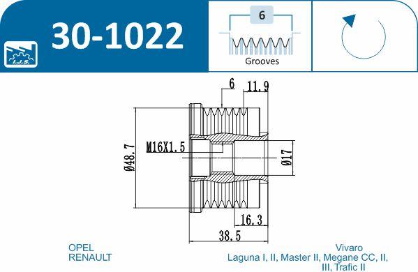 IJS GROUP 30-1022 - KOŁO PASOWE ALTERNATORA MITSUB.NISSAN.VOLVO.RENAULT.OPEL.VAUXHALL