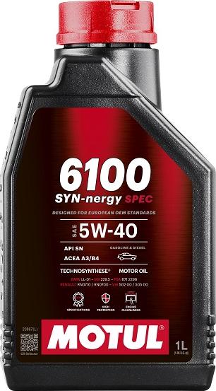 Motul 112925 - OLEJ MOTUL 5W40 1L 6100 SYN-NERGY SPEC - A3-B4 - SN - LL01 - MS 12991 - 229.5 - A40 - RN0710 - 502.00 505.00 - B71 2296