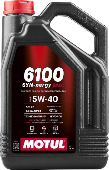 Motul 112927 - OLEJ MOTUL 5W40 5L 6100 SYN-NERGY SPEC - A3-B4 - SN - LL01 - MS 12991 - 229.5 - A40 - RN0710 - 502.00 505.00 - B71 2296