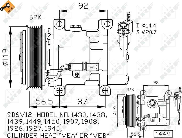 NRF 32227 - KOMPRESOR KLIMATYZACJI CITROEN C2-C3 SANDEN SD6V12 ŚREDNICA KOŁA 119MM