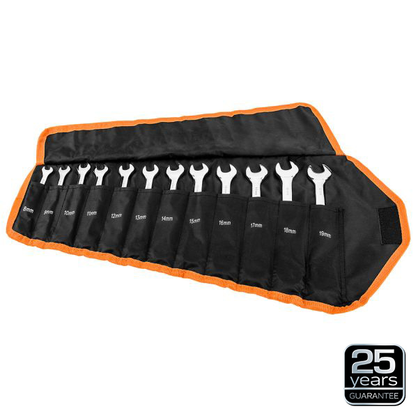 NEO TOOLS 09345 - KLUCZE PŁASKO OCZKOWE Z GRZECHOTKĄ I PRZEŁĄCZNIKIEM. ZESTAW 12 SZT.. 8 - 19 MM. MIĘKKIE ETUI