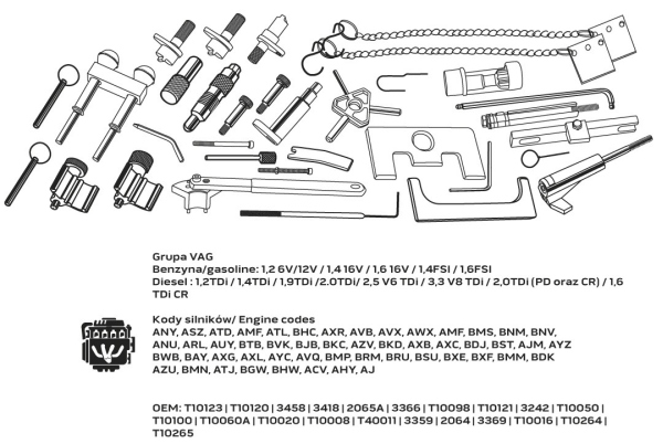NEO TOOLS 11-304 - ZESTAW BLOKAD ROZRZĄDU DO SILNIKÓW BENZYNOWYCH I DIESLA GRUPY VAG - 25.73.30.0