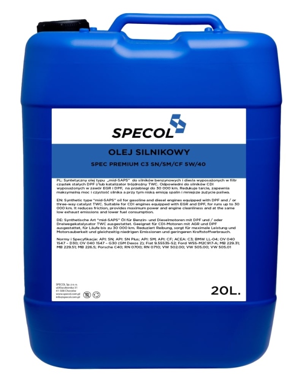 Specol 101972 - OLEJ SPECOL 5W40 20L PREMIUM - C3 - SN - LL04 - 9.55535-S2 -WSS M2C 917-A- 226.5 229.31 229.51- 040 1547-D30-G30-C40-0710- 505.0