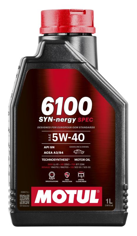 Motul 112925 - OLEJ MOTUL 5W40 1L 6100 SYN-NERGY SPEC - A3-B4 - SN - LL01 - MS 12991 - 229.5 - A40 - RN0710 - 502.00 505.00 - B71 2296