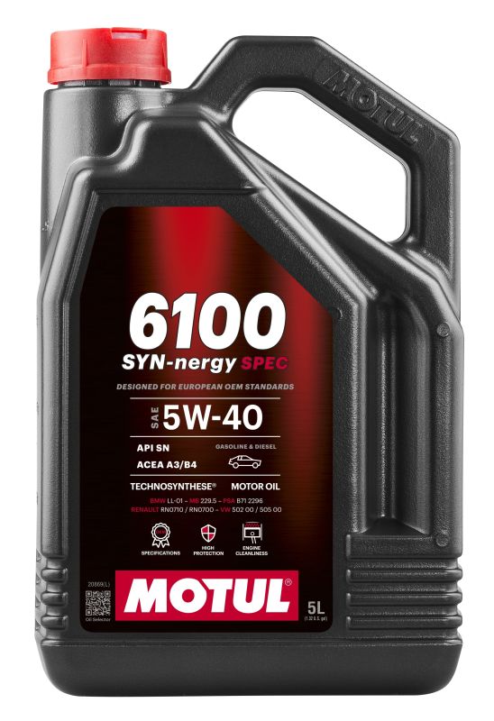 Motul 112927 - OLEJ MOTUL 5W40 5L 6100 SYN-NERGY SPEC - A3-B4 - SN - LL01 - MS 12991 - 229.5 - A40 - RN0710 - 502.00 505.00 - B71 2296