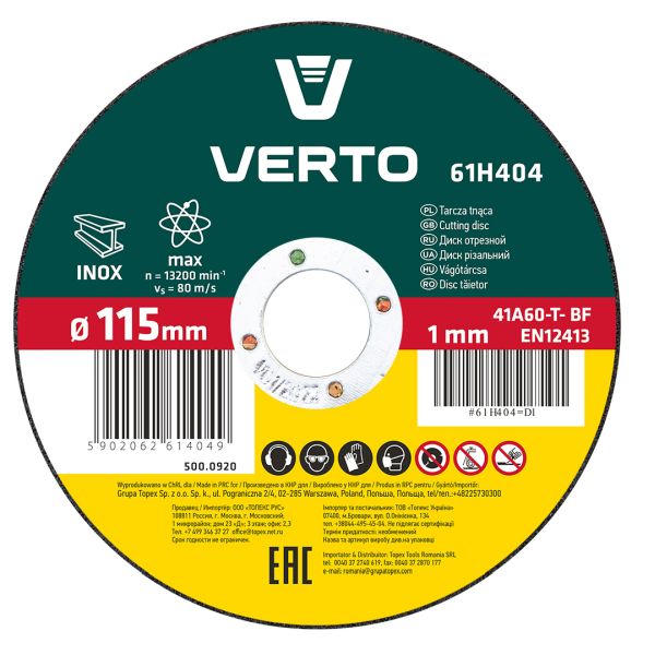 TOPEX 61H404 - TARCZA DO CIĘCIA STALI 115 × 1.0 × 22 MM VERTO