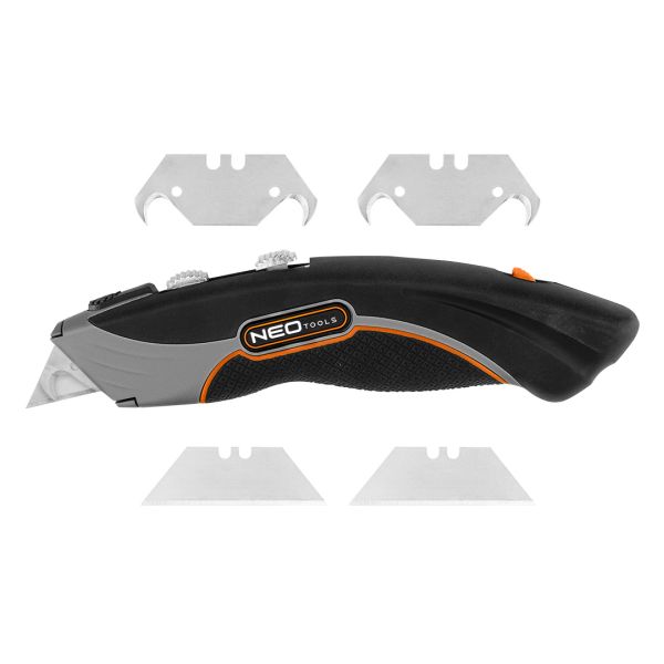 NEO TOOLS 63-700 - NÓŻ Z OSTRZEM TRAPEZOWYM I HAKOWYM. METALOWY KORPUS 6 OSTRZY