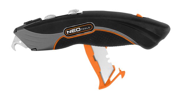 NEO TOOLS 63-700 - NÓŻ Z OSTRZEM TRAPEZOWYM I HAKOWYM. METALOWY KORPUS 6 OSTRZY