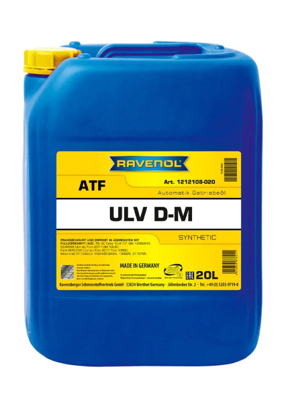 Ravenol 1212108-020-01-999 - OLEJ RAVENOL ATF ULV D-M 20L - AC DELCO 10-4107 - DEXRONR ULV AB-FROM 2017 GM 10L90 - FORD WSS-M2C949-A. GM 19352619