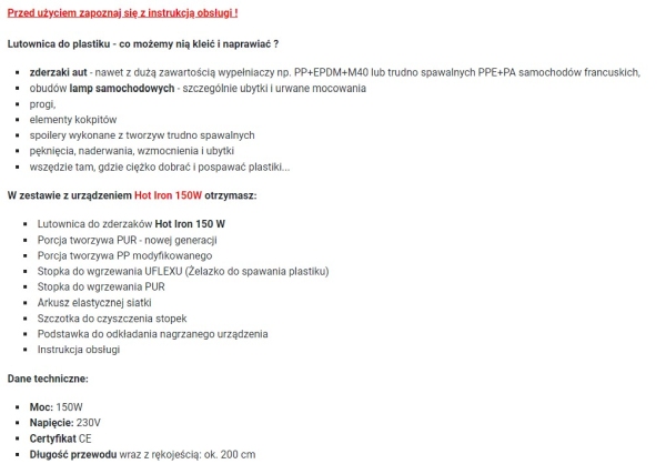 DIAGNOSTYKA INNE IRON150 - LUTOWNICA DO PLASTIKU HOT IRON 150W