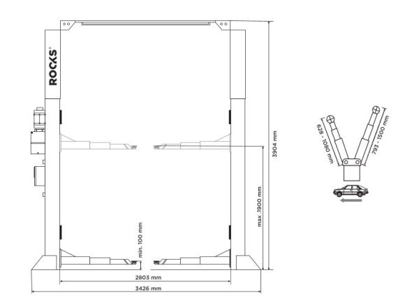 ROOKS OKG-4000GA - PODNOŚNIK DWUKOLUMNOWY ELEKTROHYDRAULICZNY AUTOMATYCZNY 4T ŁĄCZONY GÓRĄ ARM 3-3 P. 2803MM WYS. 3904MM 400V OKG-4000GA ROOKS
