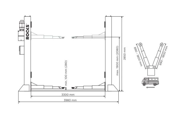 ROOKS OKG-5500 - PODNOŚNIK DWUKOLUMNOWY ELEKTROHYDRAULICZNY AUTOMATYCZNY 5.5T ŁĄCZONY DOŁEM DUŻE BUSY. AUTA ARM 3-3 P. 3300MM 400V OKG-5500 ROOKS