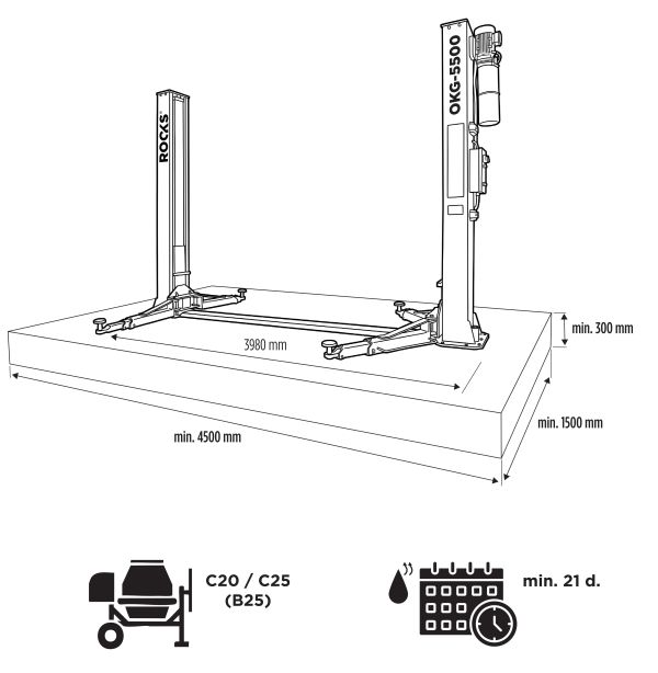 ROOKS OKG-5500 - PODNOŚNIK DWUKOLUMNOWY ELEKTROHYDRAULICZNY AUTOMATYCZNY 5.5T ŁĄCZONY DOŁEM DUŻE BUSY. AUTA ARM 3-3 P. 3300MM 400V OKG-5500 ROOKS