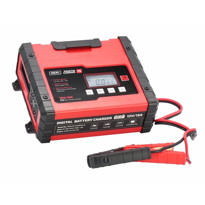 IDEAL PCHARGE15 - PROSTOWNIK SAMOCHODOWY PRAKTIK CHARGER 15 LCD. 12V. 2A-8A-15A