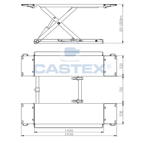 CASTEX QJY-S2E - PODNOŚNIK NOŻYCOWY NISKIEGO PODNOSZENIA PLATFORMY 3.5T MOBILNY 110-1000MM BLOKADY. EL 230V QJY-S2E CASTEX