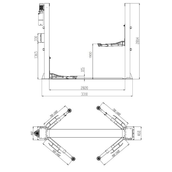 CASTEX QJY4.0-D6A - PODNOŚNIK DWUKOLUMNOWY ELEKTROHYDRAULICZNY AUTOMATYCZNY 4T ŁĄCZONY DOŁEM ARM 3-2 P. 2820MM 400V QJY4.0-D6A CASTEX