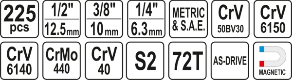 YATO YT-38941 - ZESTAW NARZĘDZIOWY 1-4. 3-8. 1-2 KPL 225 SZT