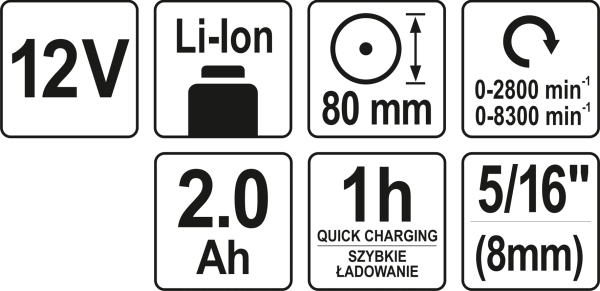 YATO YT-82903 - POLERKA AKUMULATOROWA 12 V 2 AH. 80 MM. 2 BIEGI