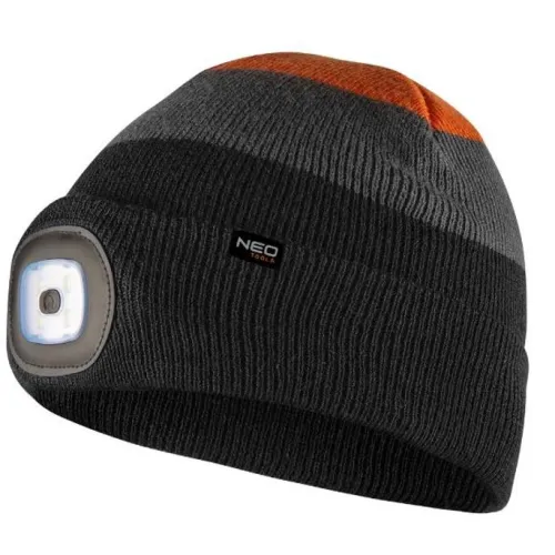 CZAPKA Z LATARKĄ LED, CZARNO-SZARO-POMARAŃCZOWA WARM