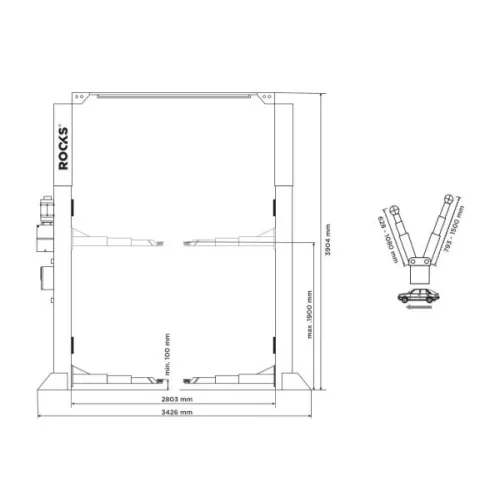 PODNOŚNIK DWUKOLUMNOWY ELEKTROHYDRAULICZNY AUTOMATYCZNY 4T ŁĄCZONY GÓRĄ ARM 3-3 P: 2803MM WYS: 3904MM 400V OKG-4000GA ROOKS