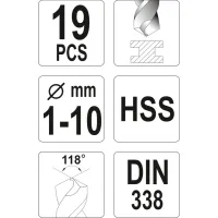 ZESTAW WIERTEŁ DO METALU HSS, 1-10MM, 19 CZ