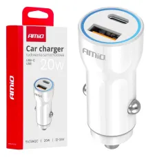 AMIO 03881 — Ładowarka samochodowa USB-A+ USB-C 20W AMIO-03881