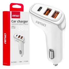 AMIO 03886 — Ładowarka samochodowa 2x USB-A + USB-C 38W AMIO-03886