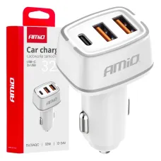 AMIO 03890 — Ładowarka samochodowa 2x USB-A + USB-C 32W AMIO-03890