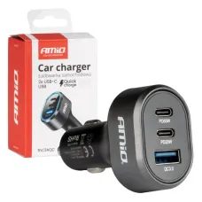AMIO 04177 — Szybka ładowarka samochodowa 85W QC3.0 PD65W PD20W 2x USB-C 1x USB-A AMIO-04177