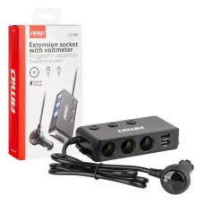 AMIO 03781 — Rozdzielacz rozgałęźnik trójnik zapalniczki + woltomierz ładowarka USB USB-C 12V...