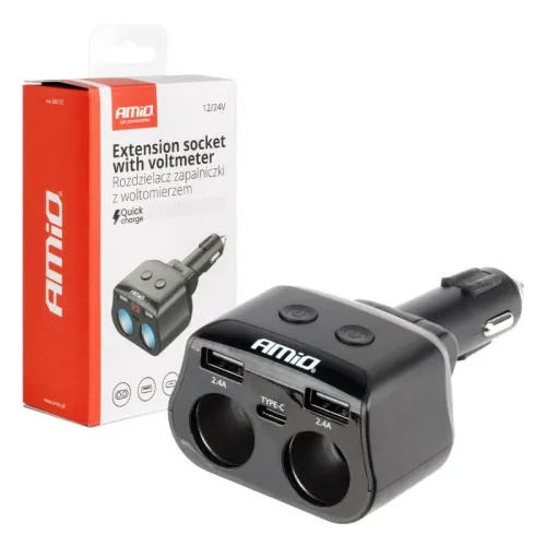 Rozdzielacz rozgałęźnik gniazda zapalniczki 2x USB 1x USB-C 12V 24V + woltomierz AMIO-04173