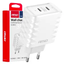 AMIO 04288 — Ładowarka sieciowa Quick Charge 35W 2x USB-C 100-240V AMIO-04288
