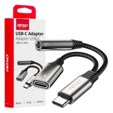 AMIO 04295 — Adapter rozgałęźnik USB-C na  USB-C + Mini Jack 3.5mm 10cm AMIO-04295