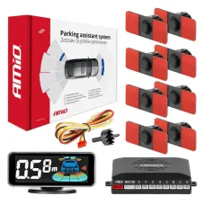 AMIO 03196 — Czujniki parkowania cofania czarne wewnętrzne 16,5mm 8szt LED 3D AMIO-03196