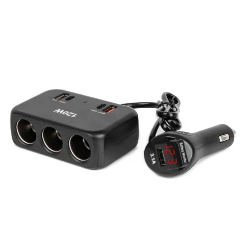 Rozdzielacz gniazda zapalniczki z ładowarką 2x USB-A 1x USB-C QC4.0 12V 24V 120W 80cm AMIO-04366