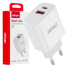AMIO 02935 — Ładowarka sieciowa PRO-09 USB + USB-C 20W Quick Charge 230V AMIO-02935