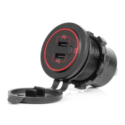 Ładowarka samochodowa z gniazdami USB wodoodporna z włącznikiem 2x USB-C 12V 24V AMIO-04224