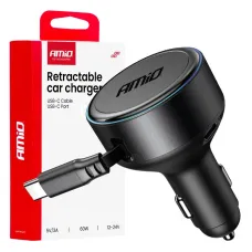 AMIO 04368 — Ładowarka samochodowa ze zwijanym kablem typu C + USB-C 12V 24V 60W AMIO-04368