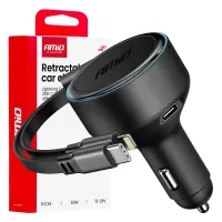 Ładowarka samochodowa ze zwijanym kablem typ C + lightning iPhone + USB-C 12V 24V 60W AMIO-04370