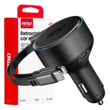 AMIO 04370 — Ładowarka samochodowa ze zwijanym kablem typ C + lightning iPhone + USB-C 12V 24...