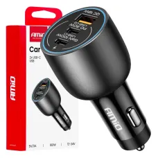 AMIO 04371 — Ładowarka samochodowa 2x USB-C + USB-A 12V 24V 100W AMIO-04371